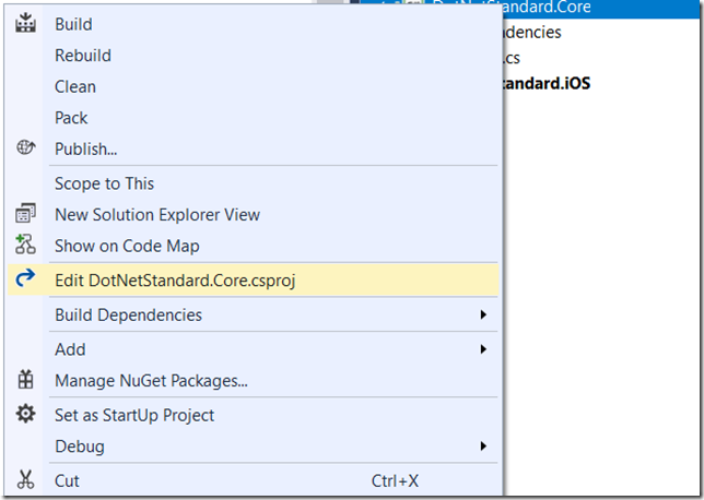 Right-Click menu showing the edit option of a .Net Standard Project