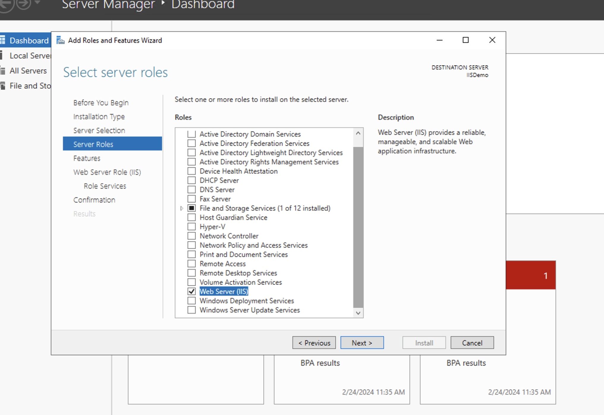 IIS Role installation under server manager, Roles and Features.
