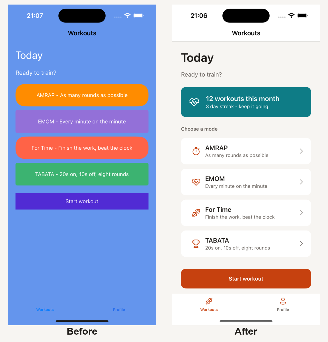 My old developer art next to the redesigned version. Side by side comparison of an old app screen with default template colours and mismatched buttons next to a redesigned version with a coherent palette and icons.