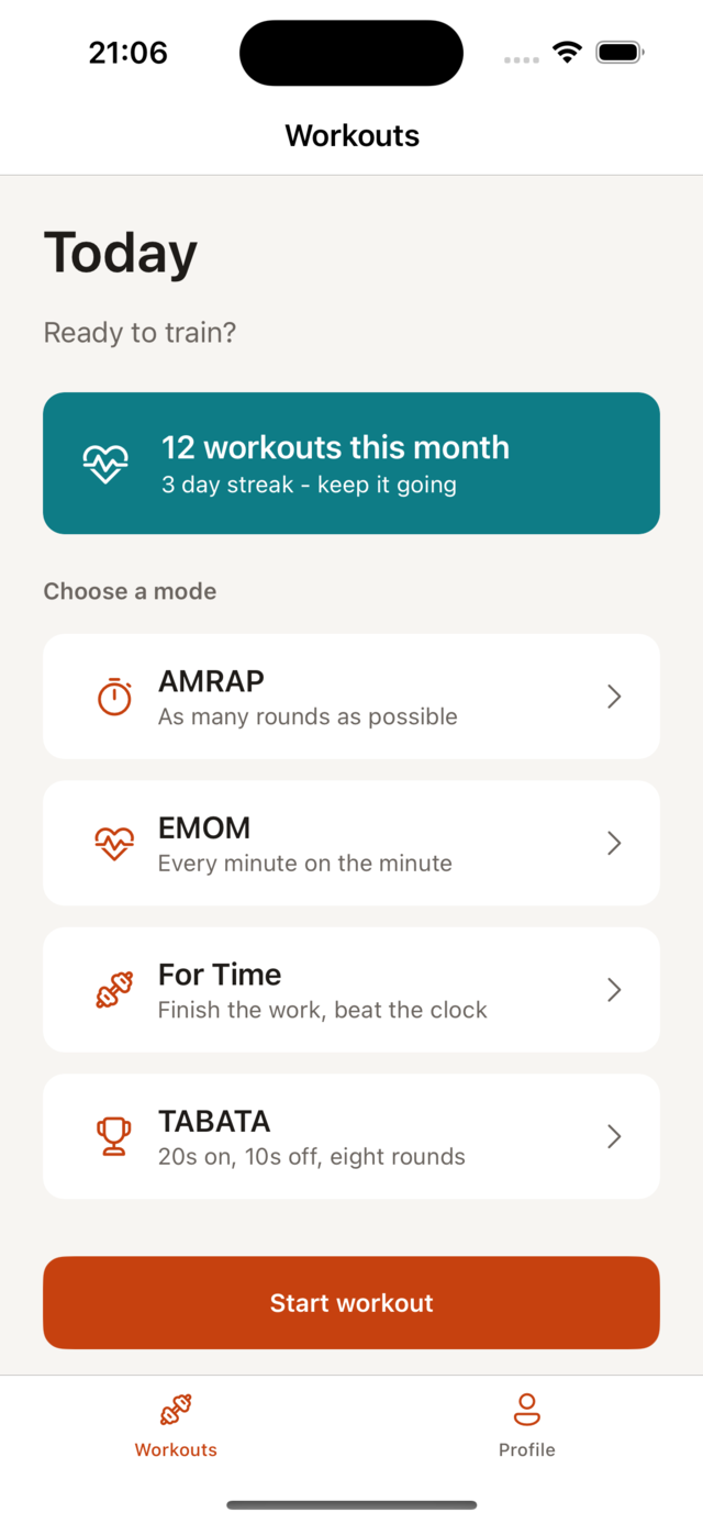 The generated start page - not bad for a couple of seconds of Haiku. Screenshot of the generated workout start page with a warm, complementary colour palette, consistent corner radii and FluentUI icons in the tab bar.