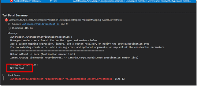 Screenshot of failed AutoMapper config test