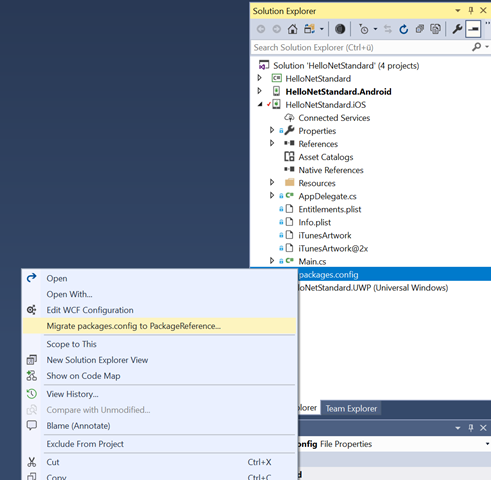 Visual Studio dialog showing Migrate To PackageReference