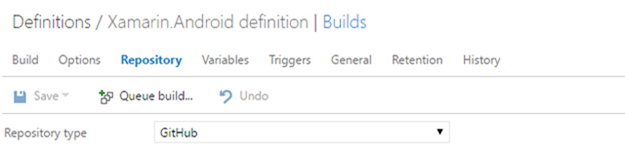 Screen shot showing the repository tab in a build config which allows selecting GitHub as repository type.