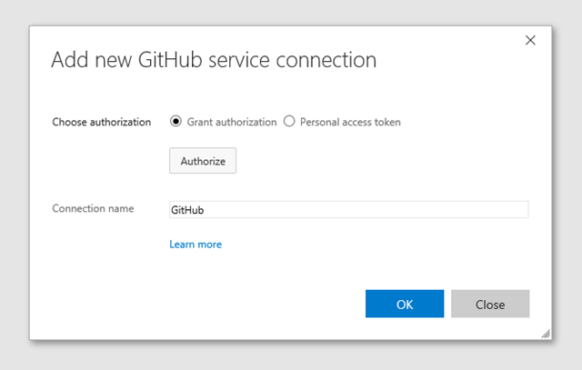 Dialog for configuring the external GitHub service, simply select Authorize to proceed.