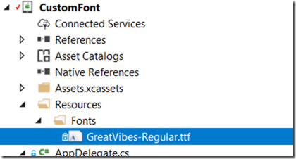 image of ios project, showing the custom font file in a subfolder named fonts in the resoucres folder