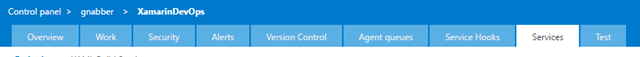 Tabs in the VSTS project control panel with services selected.